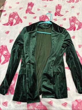 SHEIN Dark Green Velvet Sparkle Blazer Jacket